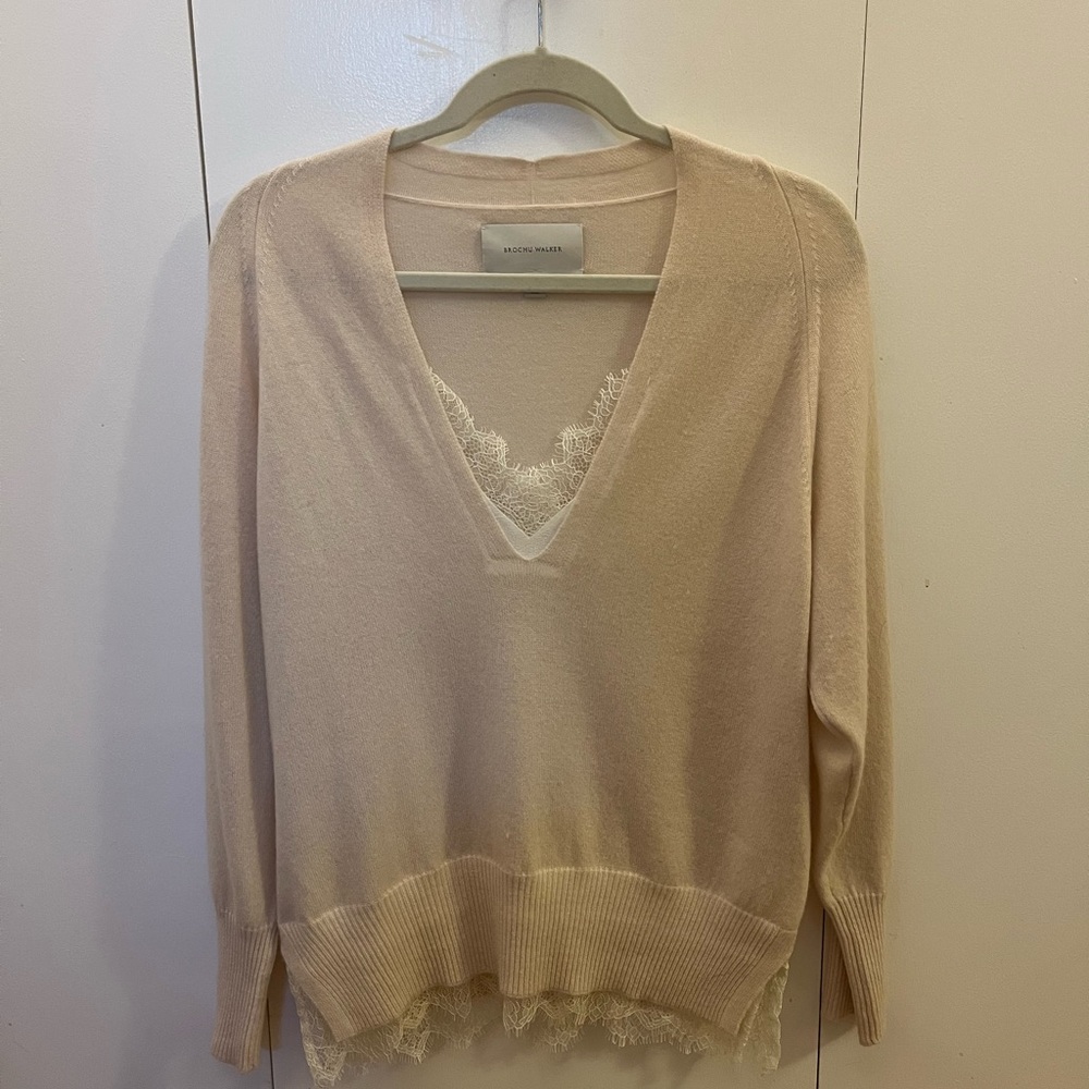 Brochu Walker Cream V-Neck Sweater with Lace Trim